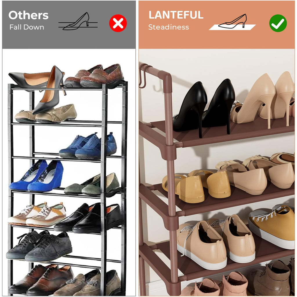 LANTEFUL 3 Tier Shoe Rack for Closet, Shoe Organizer with 5 Hooks, Long Shoe Shelf Storage for Sneaker and Boot Stackable Free Standing Shoe Rack for Entryway, Garage, Small Spaces, Dorm