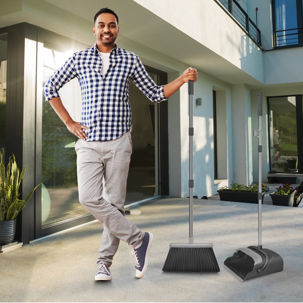 kelamayi Upgrade Broom and Dustpan Set, Large Size and with Long Handle, Upright,Ideal for Indoor Outdoor Garage Kitchen Room Office Lobby Use (Green)