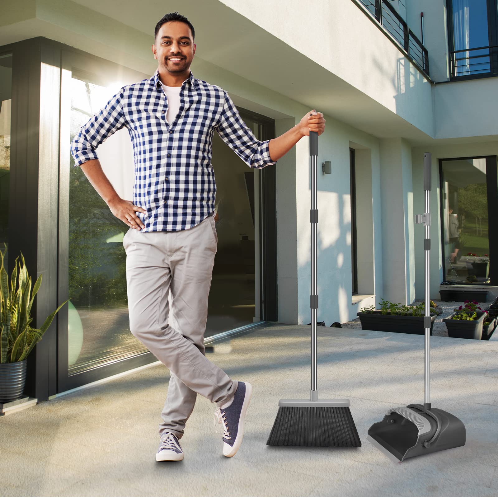 kelamayi Upgrade Broom and Dustpan Set, Large Size and with Long Handle, Upright,Ideal for Indoor Outdoor Garage Kitchen Room Office Lobby Use (Green)