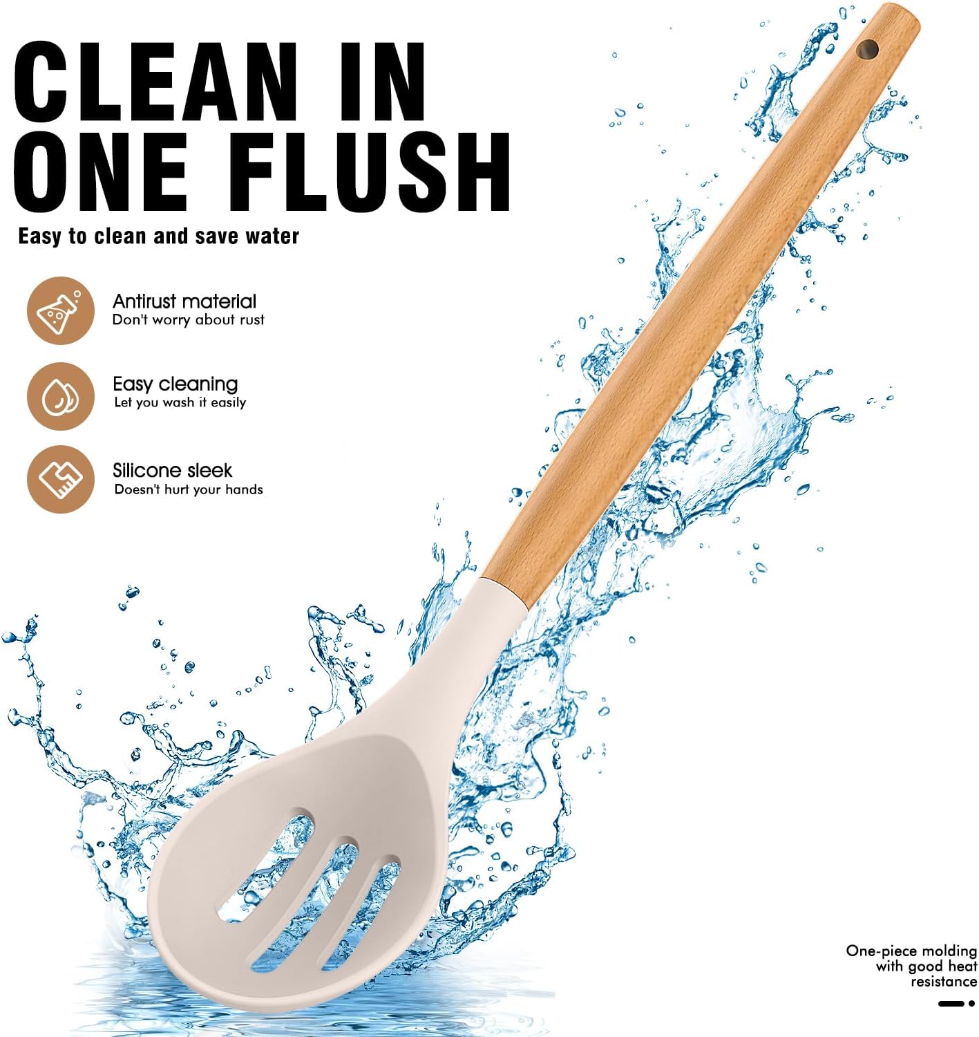 Silicone Cooking Utensils Set - AVGPD Silicone Kitchen Utensils for Cooking Wooden Handles, 446°F Heat Resistant Kitchen Utensil Spatula Sets w Holder, Gadgets for Non-Stick Cookware BPA FREE (Khaki)