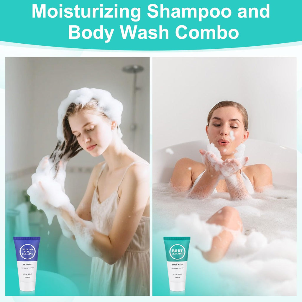 Travel Size Shampoo and Body Wash Set, Small Trial Hair Shampoo Sample Shower Gel Kit Mini Toiletries Amenities Set for Men and Women, Cleansing for Hotel/Vacation/Homeless 0.7 oz/20 ml (100 Pack)