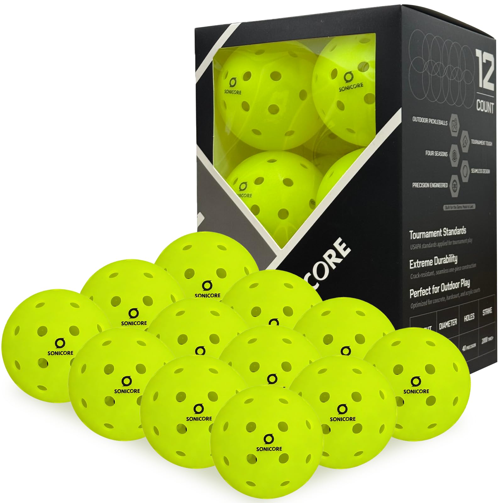 SONICORE Premium Outdoor Pickleball Balls, 4Count/12 Count Pack, Extreme Durability, Tournament-Ready Level, 40-Hole Precision Drilled, Crack-Resistant