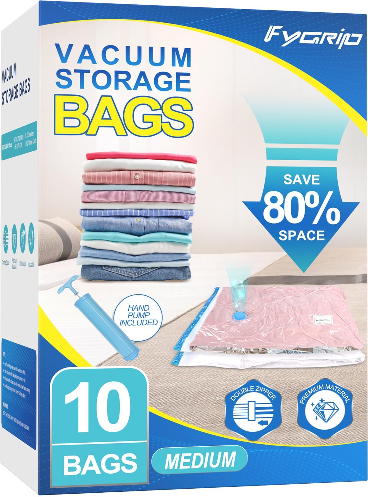Fygrip 20 Pack Vacuum Storage Bags with Hand Pump, 4 Jumbo + 4 Large + 4 Medium + 8 Small Plastic Packaging Bags, 80% Space Saver Vacuum Seal Bags for Clothing, Travel Lugggage, Blankets, Comforters