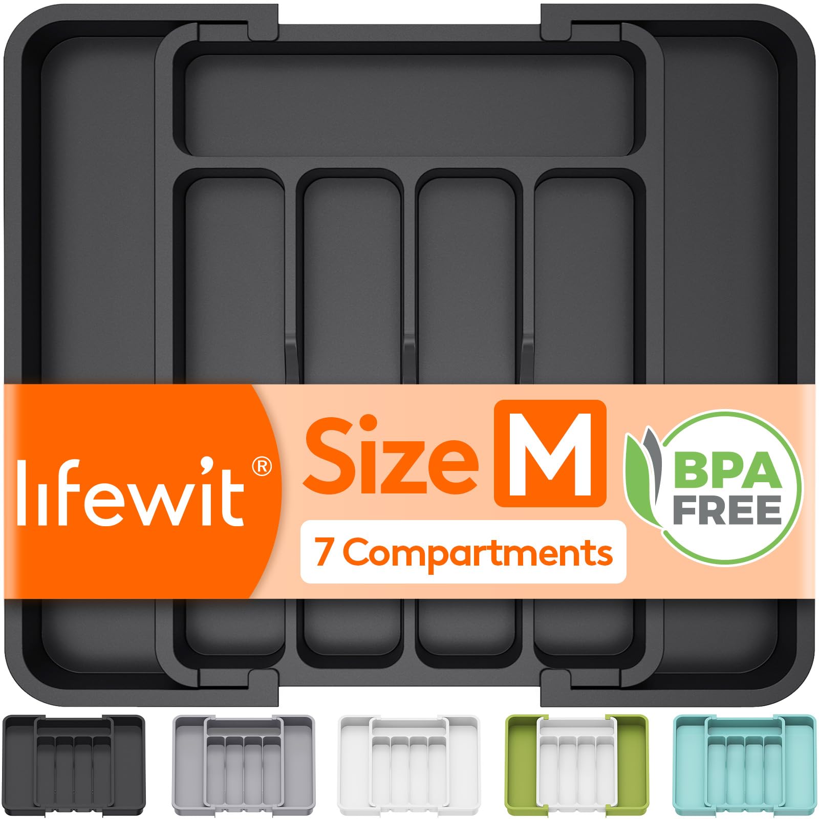 Lifewit Silverware Drawer Organizer, Expandable Utensil Tray for Kitchen, BPA Free Flatware and Cutlery Holder, Adjustable Plastic Storage for Spoons Forks Knives, 8.5"-14.1" x 12.1", Black