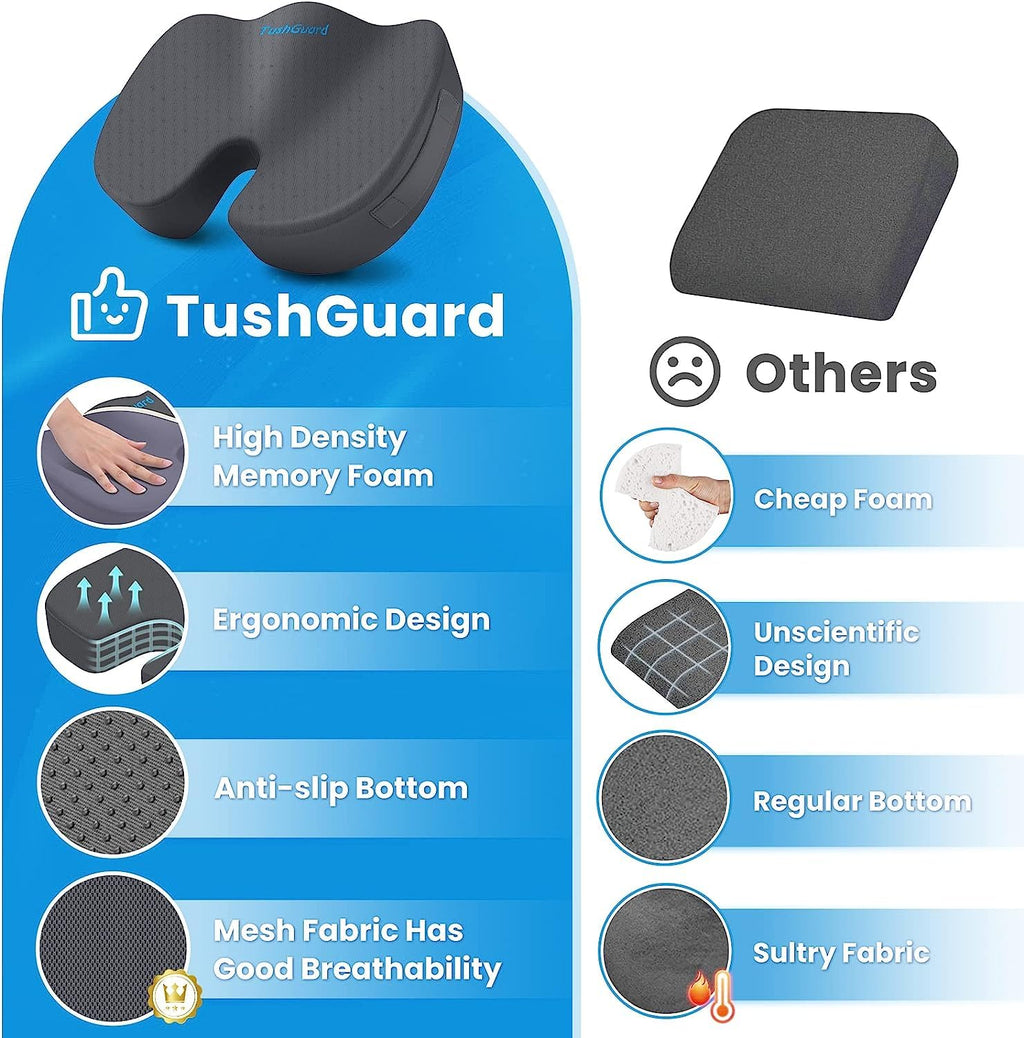 TushGuard Seat Cushion for Office Chair Memory Foam Non-Slip Cushion Back, Relief Chair Pad, Butt Pillow for Office Chair, Car, Computer Desk, Black