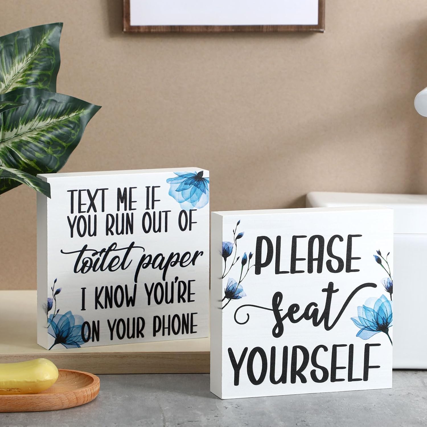 Jetec 2 Pieces Farmhouse Bathroom Signs Decor Wooden Box Sign Funny Bathroom Wall Art Rustic Wood Plaque Please Seat Yourself Decor for Home Restroom(Black)