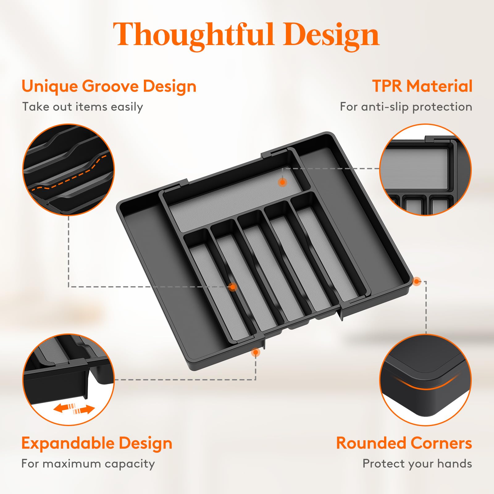 Lifewit Silverware Drawer Organizer, Expandable Utensil Tray for Kitchen, BPA Free Flatware and Cutlery Holder, Adjustable Plastic Storage for Spoons Forks Knives, 8.5"-14.1" x 12.1", Black