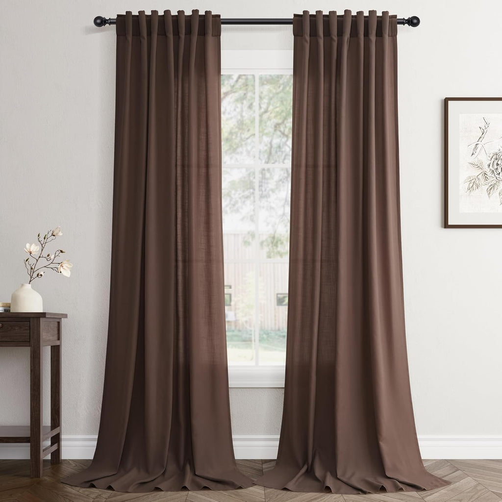 Rustic Brown Linen Back Tab Curtains 84 Inch Length for Living Room 2 Panel Pocket Drape Light Filtering Semi Sheer Cream Country Rustic Farmhouse Boho Curtain Bedroom Pinch Pleated Look