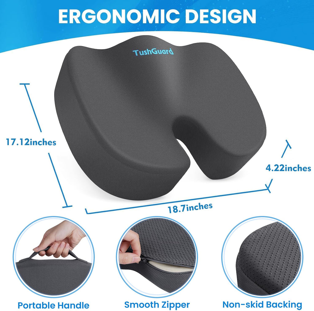 TushGuard Seat Cushion for Office Chair Memory Foam Non-Slip Cushion Back, Relief Chair Pad, Butt Pillow for Office Chair, Car, Computer Desk, Black