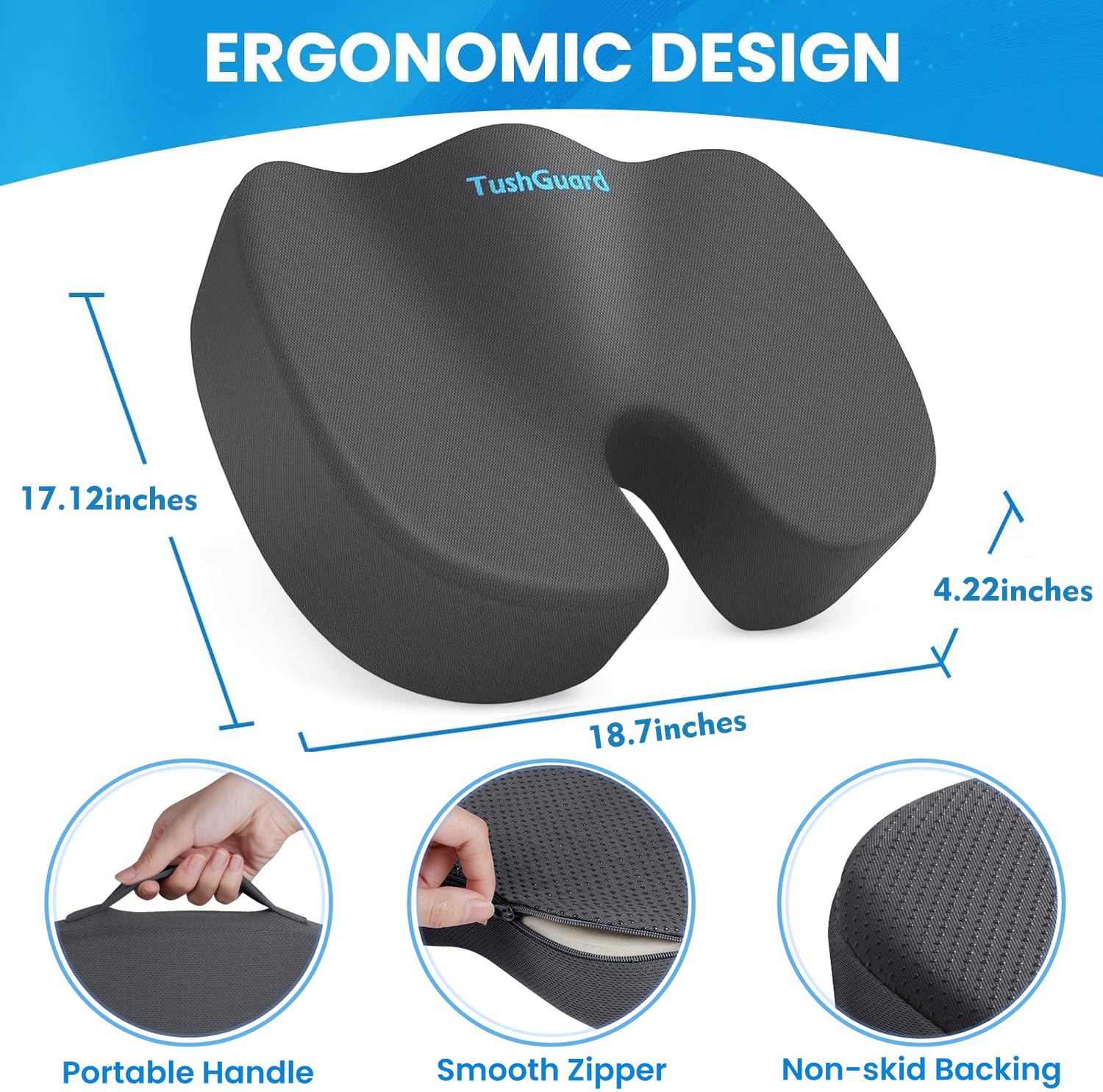 TushGuard Seat Cushion for Office Chair Memory Foam Non-Slip Cushion Back, Relief Chair Pad, Butt Pillow for Office Chair, Car, Computer Desk, Black