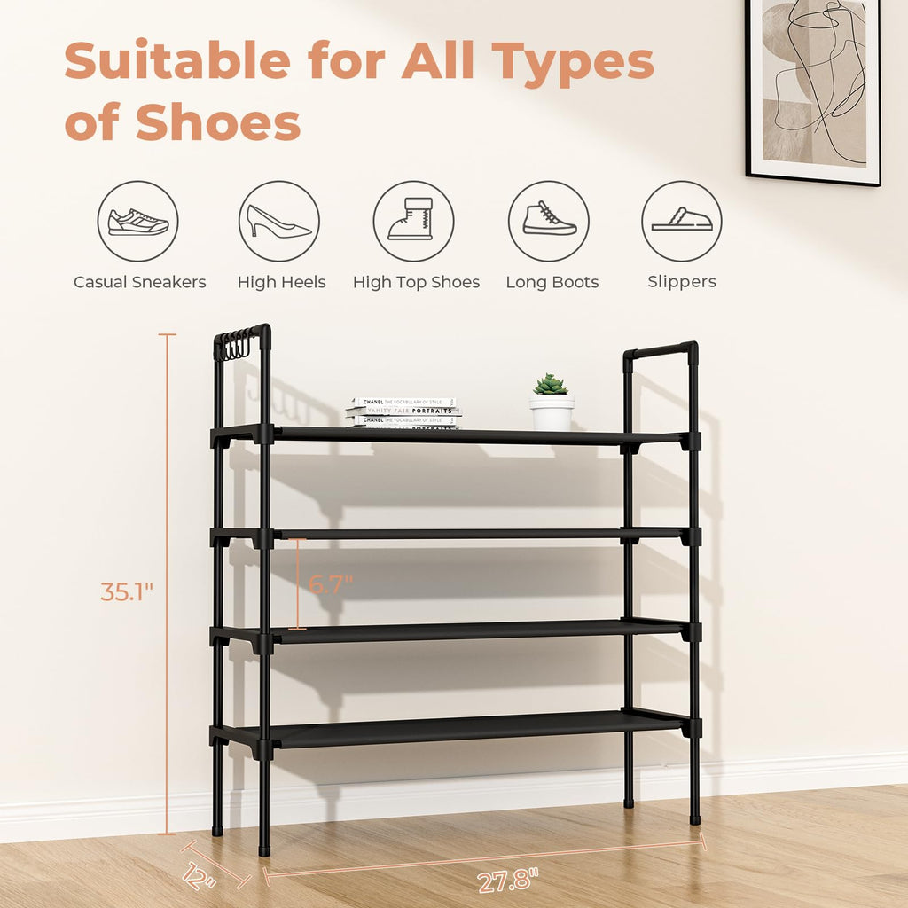 LANTEFUL 3 Tier Shoe Rack for Closet, Shoe Organizer with 5 Hooks, Long Shoe Shelf Storage for Sneaker and Boot Stackable Free Standing Shoe Rack for Entryway, Garage, Small Spaces, Dorm