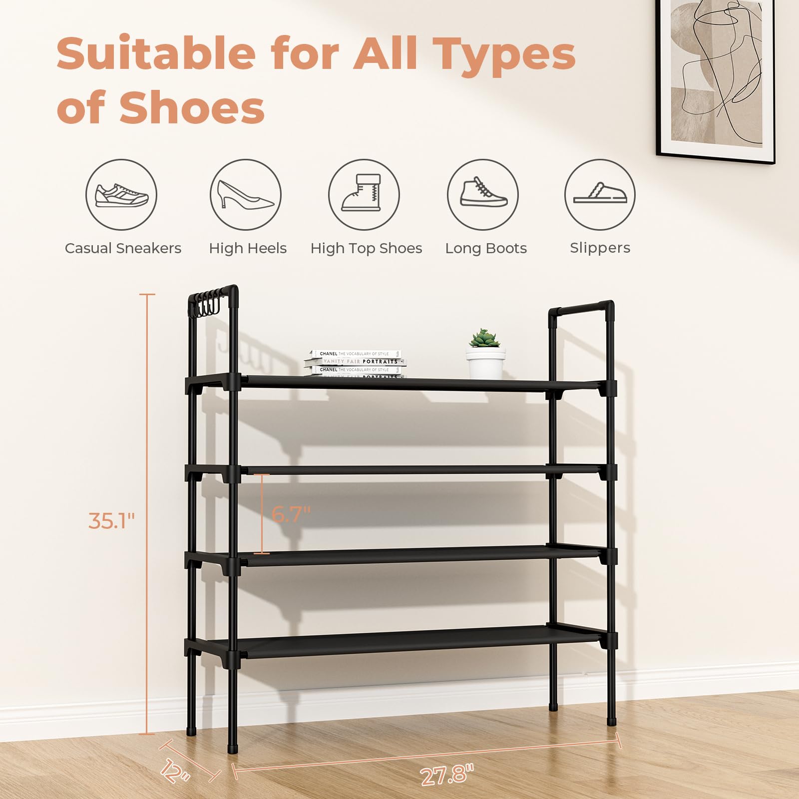 LANTEFUL 3 Tier Shoe Rack for Closet, Shoe Organizer with 5 Hooks, Long Shoe Shelf Storage for Sneaker and Boot Stackable Free Standing Shoe Rack for Entryway, Garage, Small Spaces, Dorm