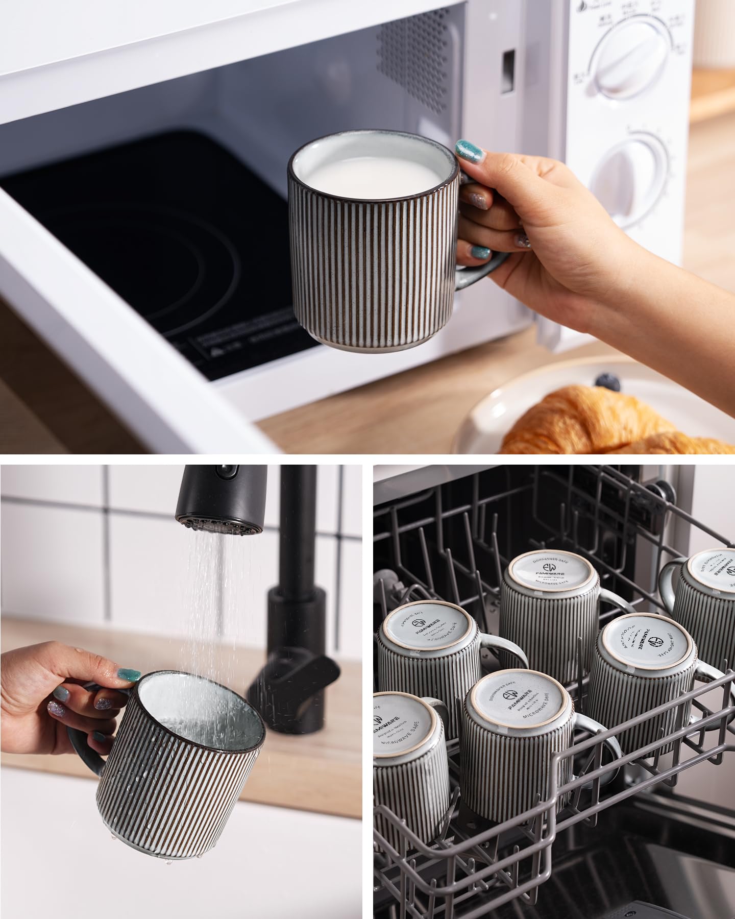 famiware Coffee Mugs Set of 6, Starlight 11 oz Mug Cup Set with Handle for Coffee, Tea, Cocoa, Milk - Ceramic Stoneware Mug Set, Matte Black Grey