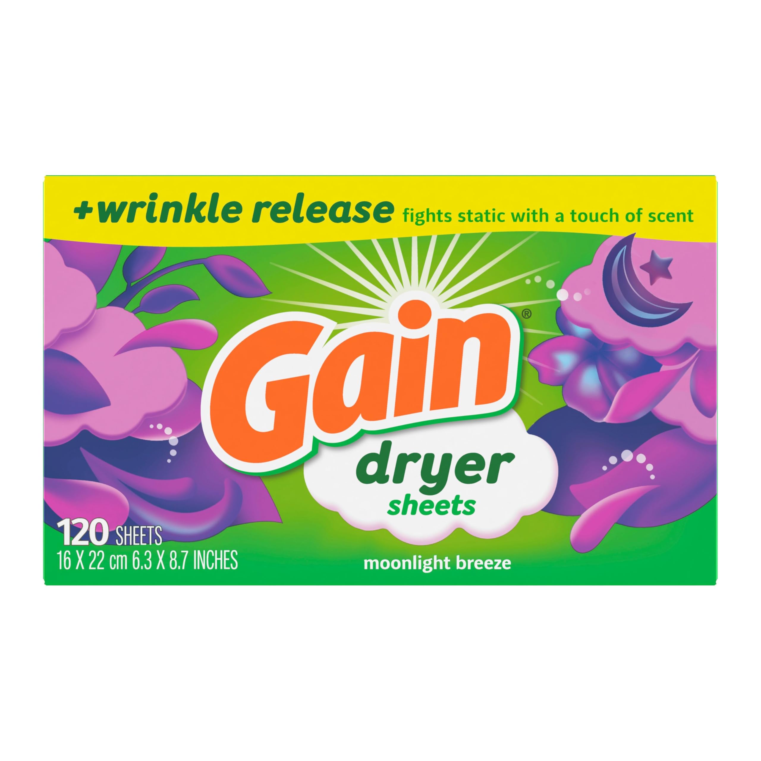 Gain dryer sheets Plus Wrinkle Release, Moonlight Breeze Scent, 120 Count, Fights static with a touch of scent, laundry sheets