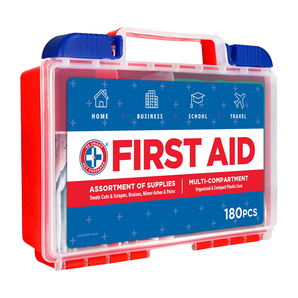 Be Smart Get Prepared 180 Piece First Aid Kit: Clean, Treat, Protect Minor Cuts, Scrapes. Home, Office, Car, School, Business, Travel, Emergency, Survival, Hunting, Outdoor, Camping & Sports, FSA HSA