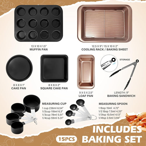 15pcs Nonstick Bakeware Set with Cooling Rack & Accessories, Baking Pan Set Includes Muffin Pan, Cake Pans, Loaf Pan, Baking Sheet, Measuring Cups & Tongs – Oven Safe Metal Bakeware for Home Baking