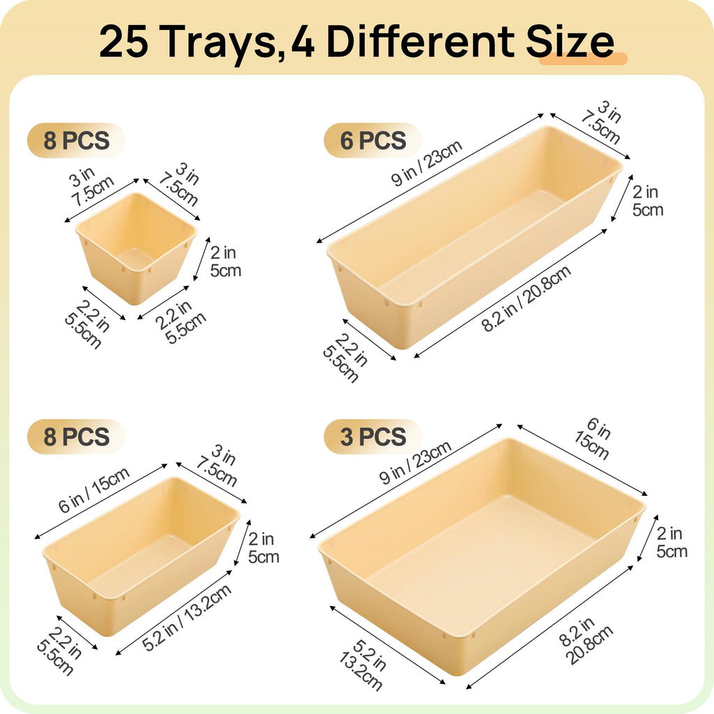 Vtopmart 25 PCS Clear Plastic Drawer Organizers Set, 4-Size Versatile Bathroom and Vanity Drawer Organizer Trays, Storage Bins for Makeup, Bedroom, Kitchen Gadgets Utensils and Office