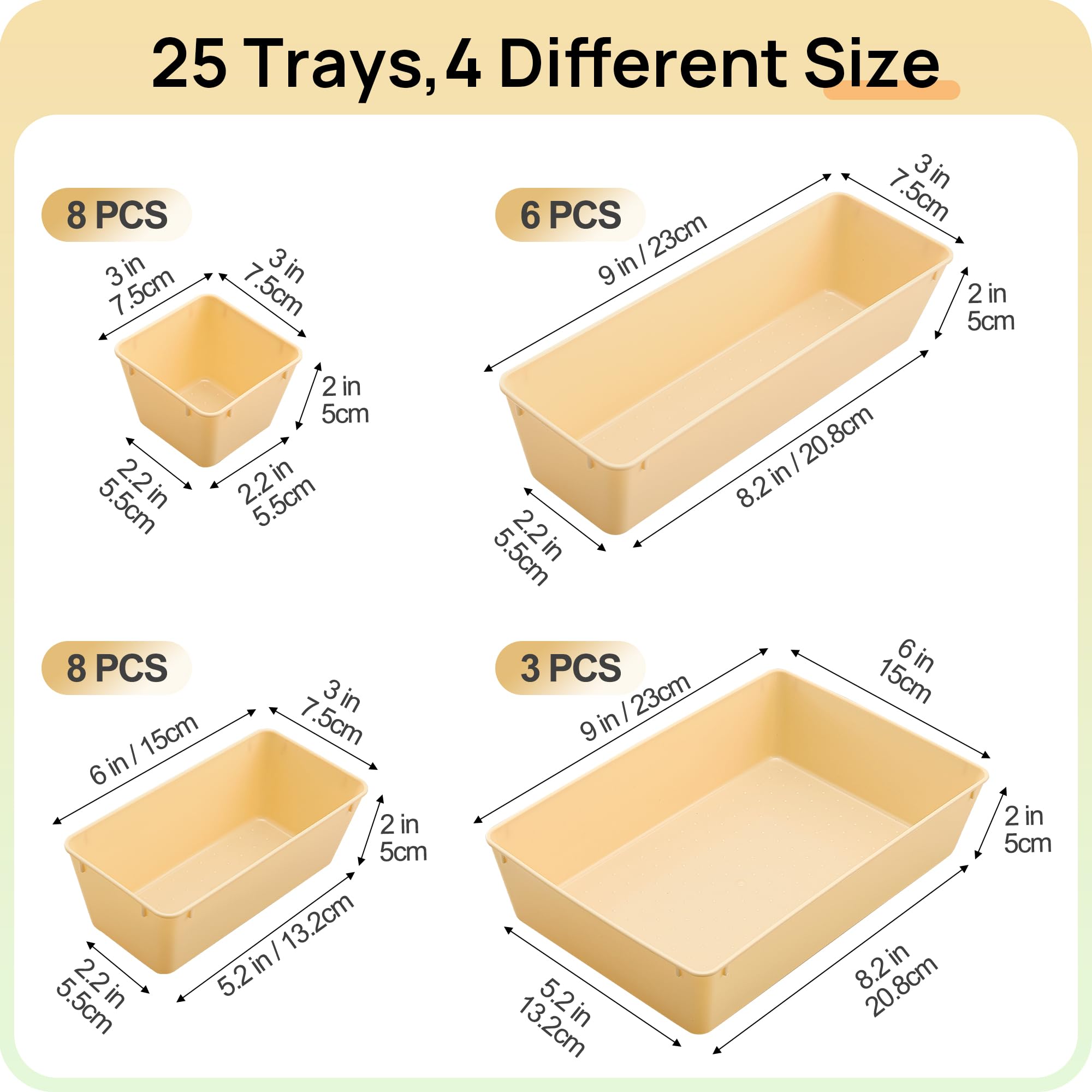 Vtopmart 25 PCS Clear Plastic Drawer Organizers Set, 4-Size Versatile Bathroom and Vanity Drawer Organizer Trays, Storage Bins for Makeup, Bedroom, Kitchen Gadgets Utensils and Office