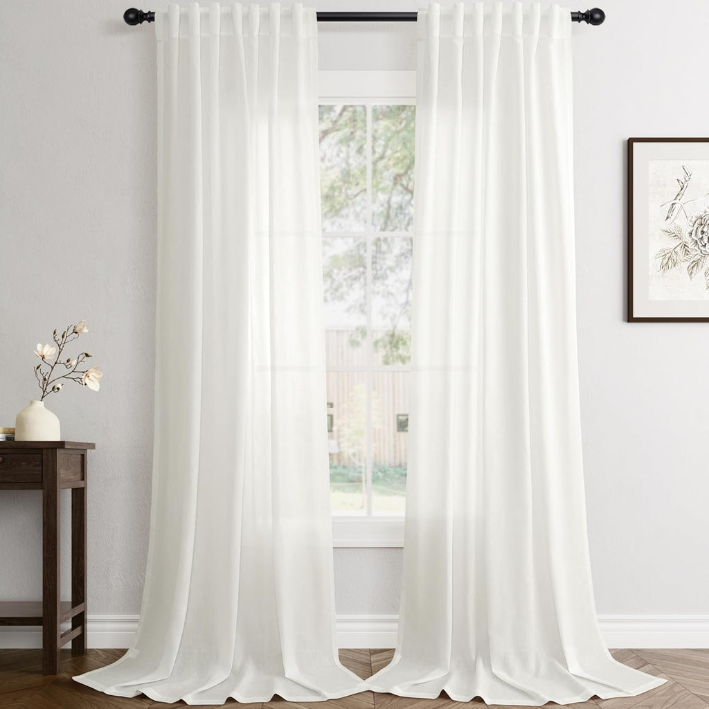 Rustic Brown Linen Back Tab Curtains 84 Inch Length for Living Room 2 Panel Pocket Drape Light Filtering Semi Sheer Cream Country Rustic Farmhouse Boho Curtain Bedroom Pinch Pleated Look