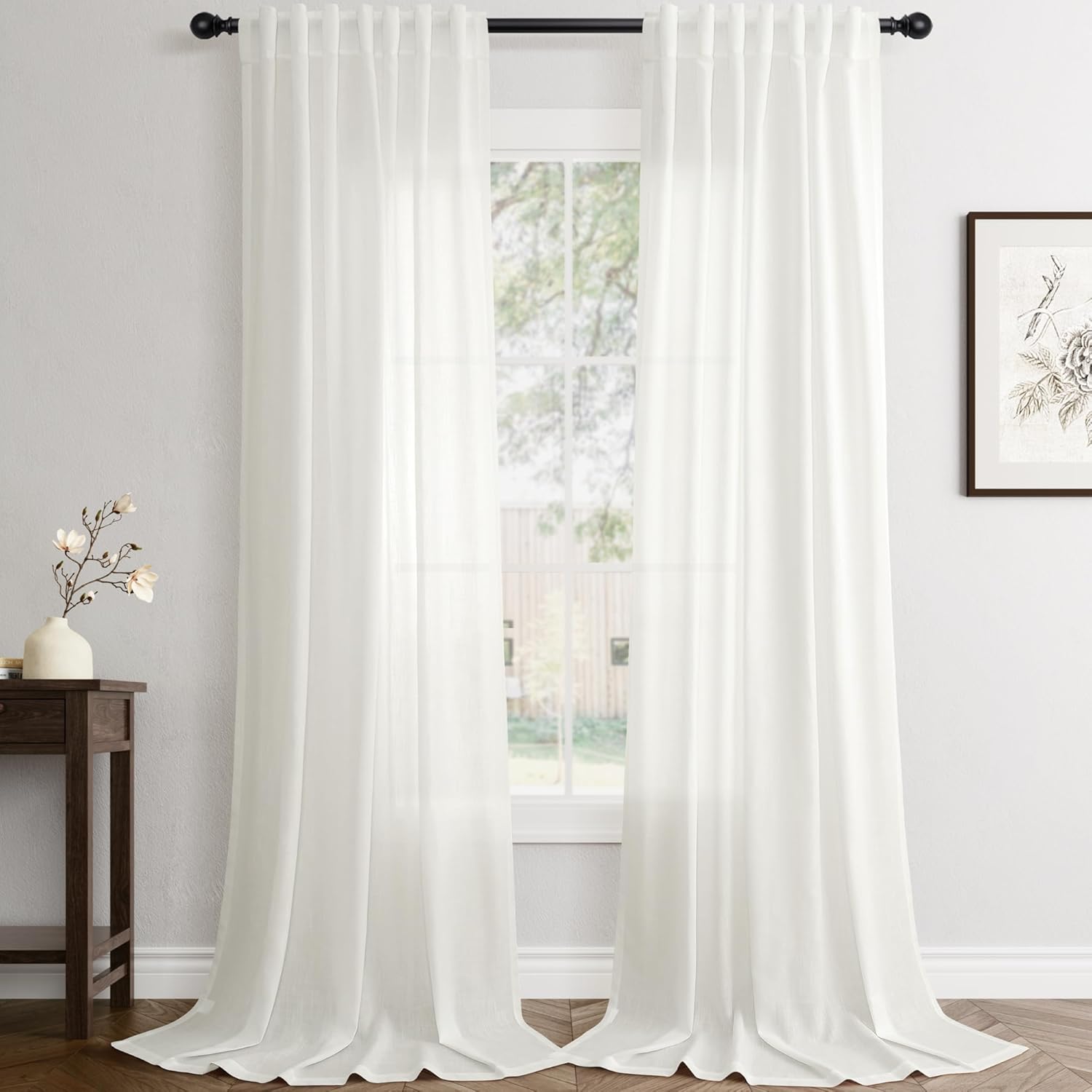Rustic Brown Linen Back Tab Curtains 84 Inch Length for Living Room 2 Panel Pocket Drape Light Filtering Semi Sheer Cream Country Rustic Farmhouse Boho Curtain Bedroom Pinch Pleated Look