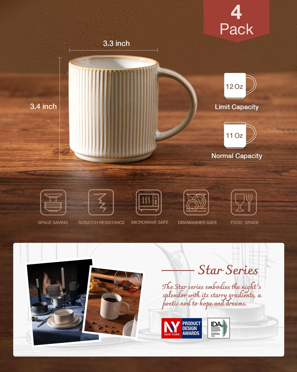 famiware Coffee Mugs Set of 6, Starlight 11 oz Mug Cup Set with Handle for Coffee, Tea, Cocoa, Milk - Ceramic Stoneware Mug Set, Matte Black Grey