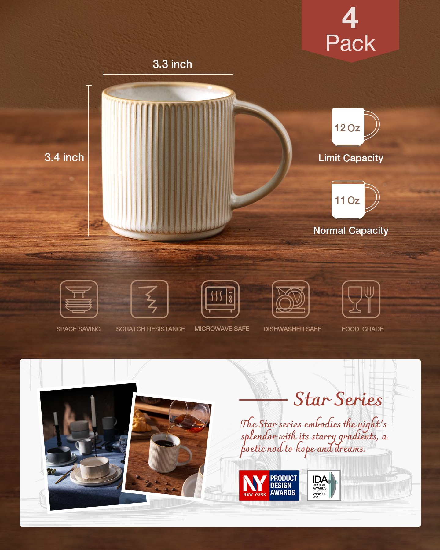 famiware Coffee Mugs Set of 6, Starlight 11 oz Mug Cup Set with Handle for Coffee, Tea, Cocoa, Milk - Ceramic Stoneware Mug Set, Matte Black Grey