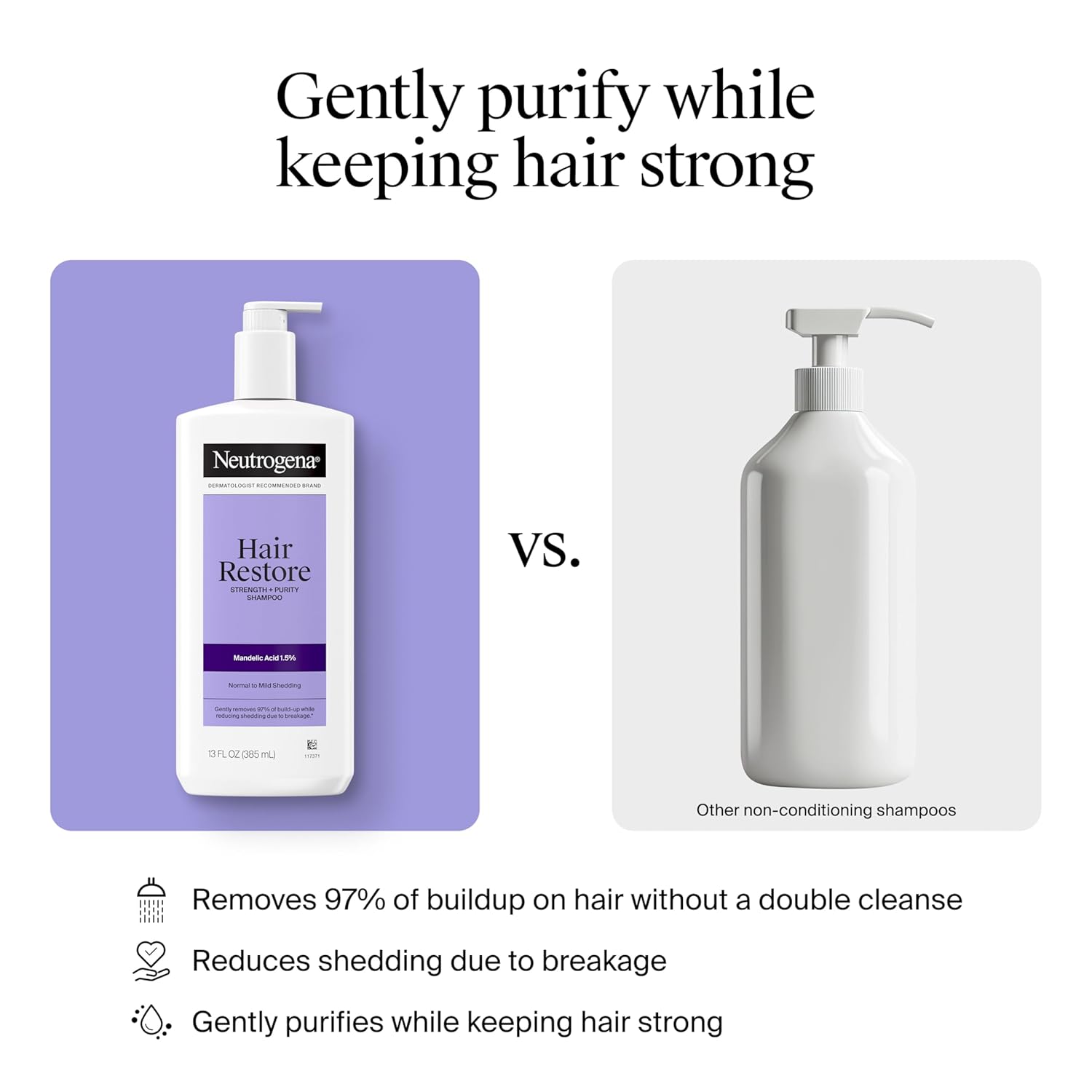 Neutrogena Hair Restore Strength + Purity Shampoo, Exfoliating Hair Wash with 1.5% Mandelic Acid Gently Removes 97% of Buildup & Reduces Shedding due to Breakage, Paraben-Free, 13 fl oz