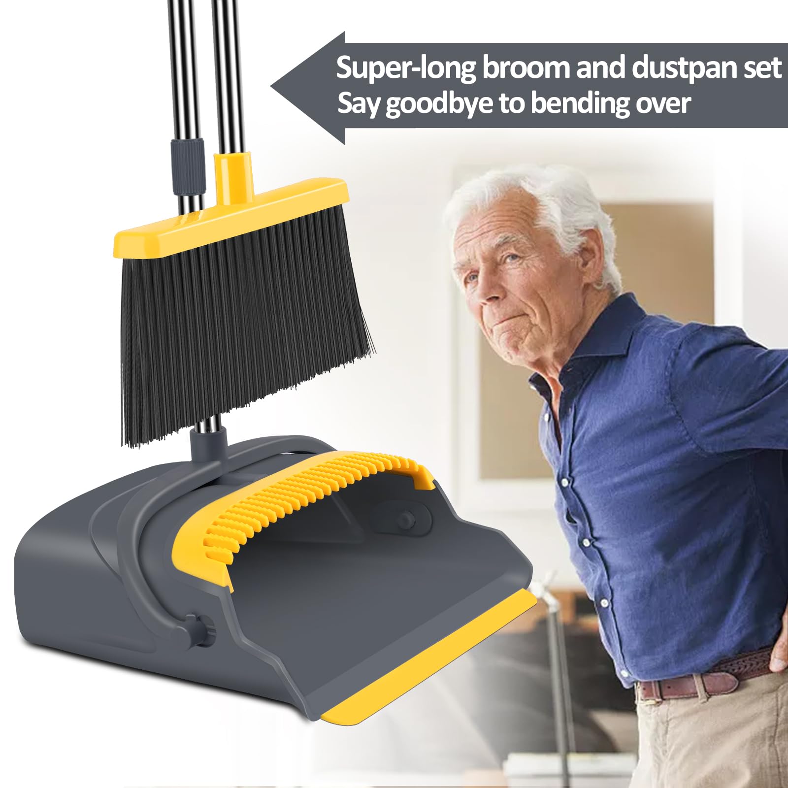 kelamayi Upgrade Broom and Dustpan Set, Large Size and with Long Handle, Upright,Ideal for Indoor Outdoor Garage Kitchen Room Office Lobby Use (Green)