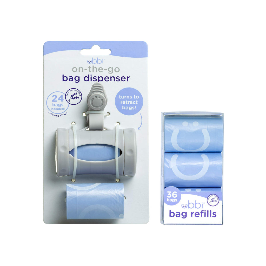 Ubbi Retractable On the Go Bag Dispenser for Travel, Diaper Bag Accessory Must Have for Newborn, Helpful Item, Baby Gift, Lavender Scented, Gray
