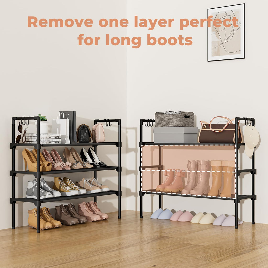 LANTEFUL 3 Tier Shoe Rack for Closet, Shoe Organizer with 5 Hooks, Long Shoe Shelf Storage for Sneaker and Boot Stackable Free Standing Shoe Rack for Entryway, Garage, Small Spaces, Dorm
