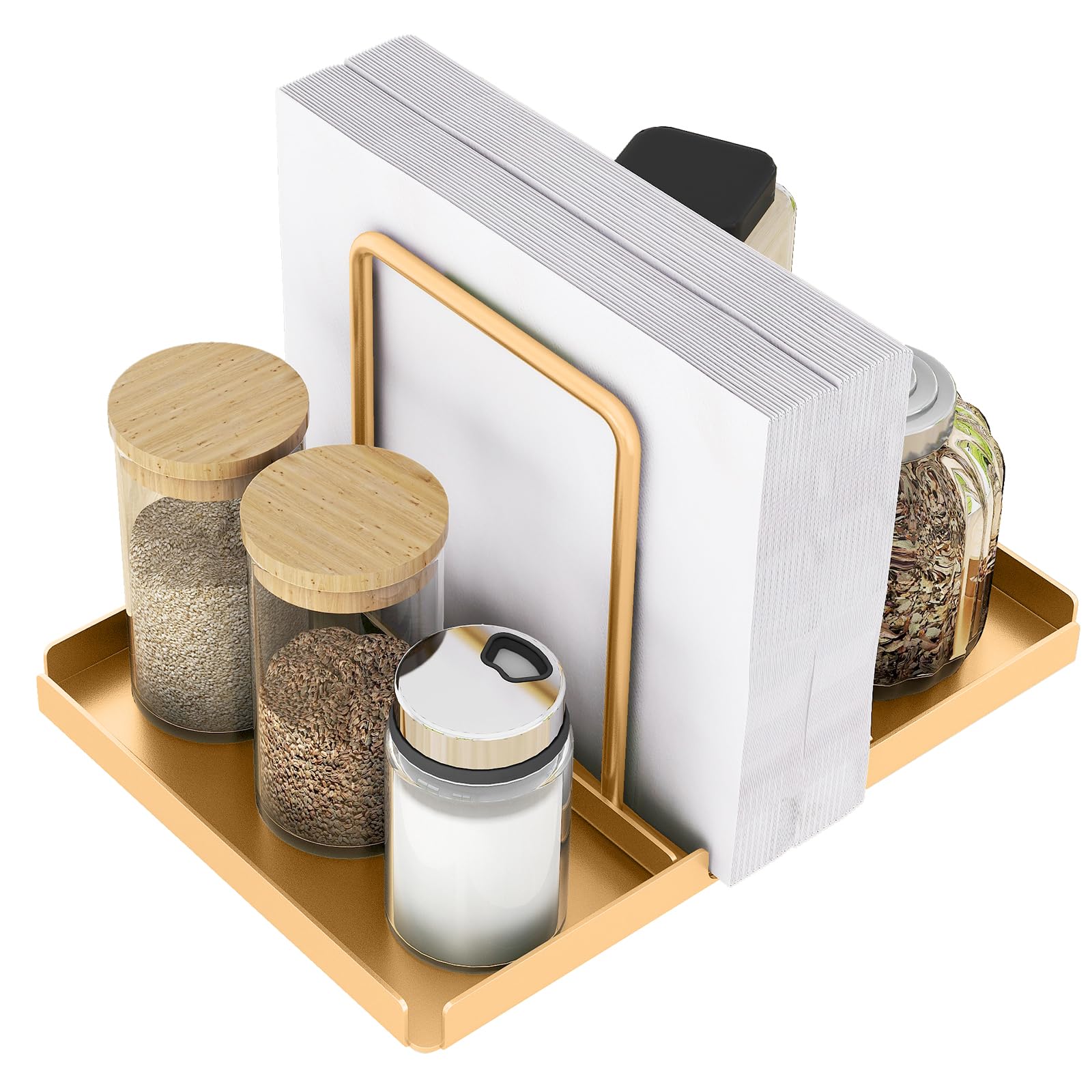 Napkin Holder for Table, Metal Napkin Holder with Salt and Pepper Shakers Caddy, Standing Paper Napkin Storage for Kitchen Dining Table Decor, Black