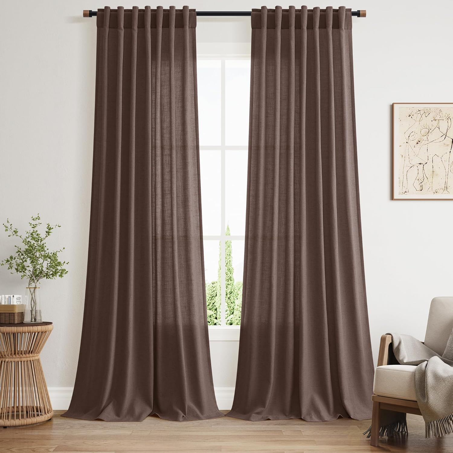 Nanspring Burgundy Linen Curtains 84 Inch Length 2 Panels Set for Living Room Rod Pocket Back Tab Light Filtering Window Drapes for Bedroom Dining Room Protect Privacy Modern Farmhouse Decor 52x84
