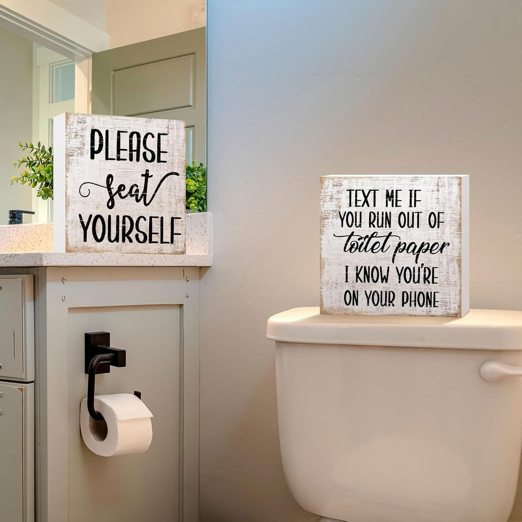 Jetec 2 Pieces Farmhouse Bathroom Signs Decor Wooden Box Sign Funny Bathroom Wall Art Rustic Wood Plaque Please Seat Yourself Decor for Home Restroom(Black)