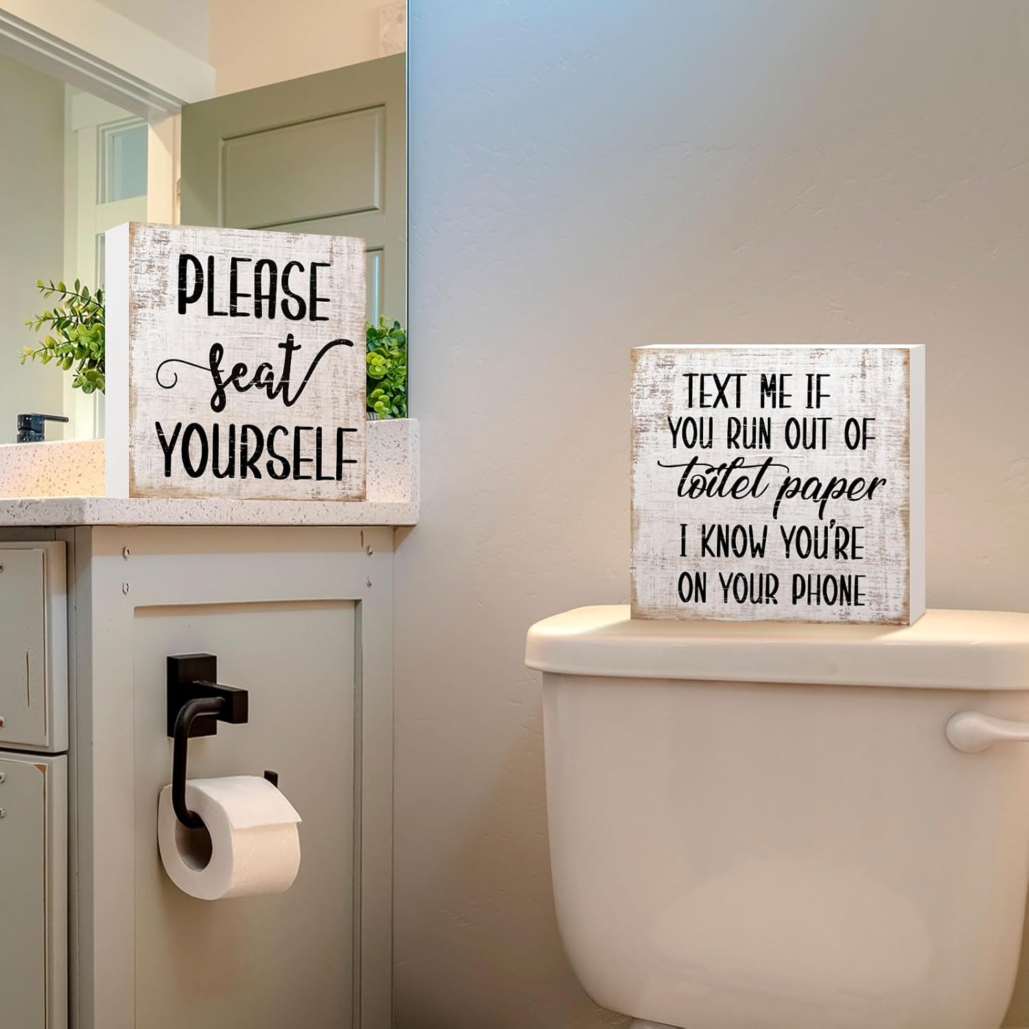 Jetec 2 Pieces Farmhouse Bathroom Signs Decor Wooden Box Sign Funny Bathroom Wall Art Rustic Wood Plaque Please Seat Yourself Decor for Home Restroom(Black)