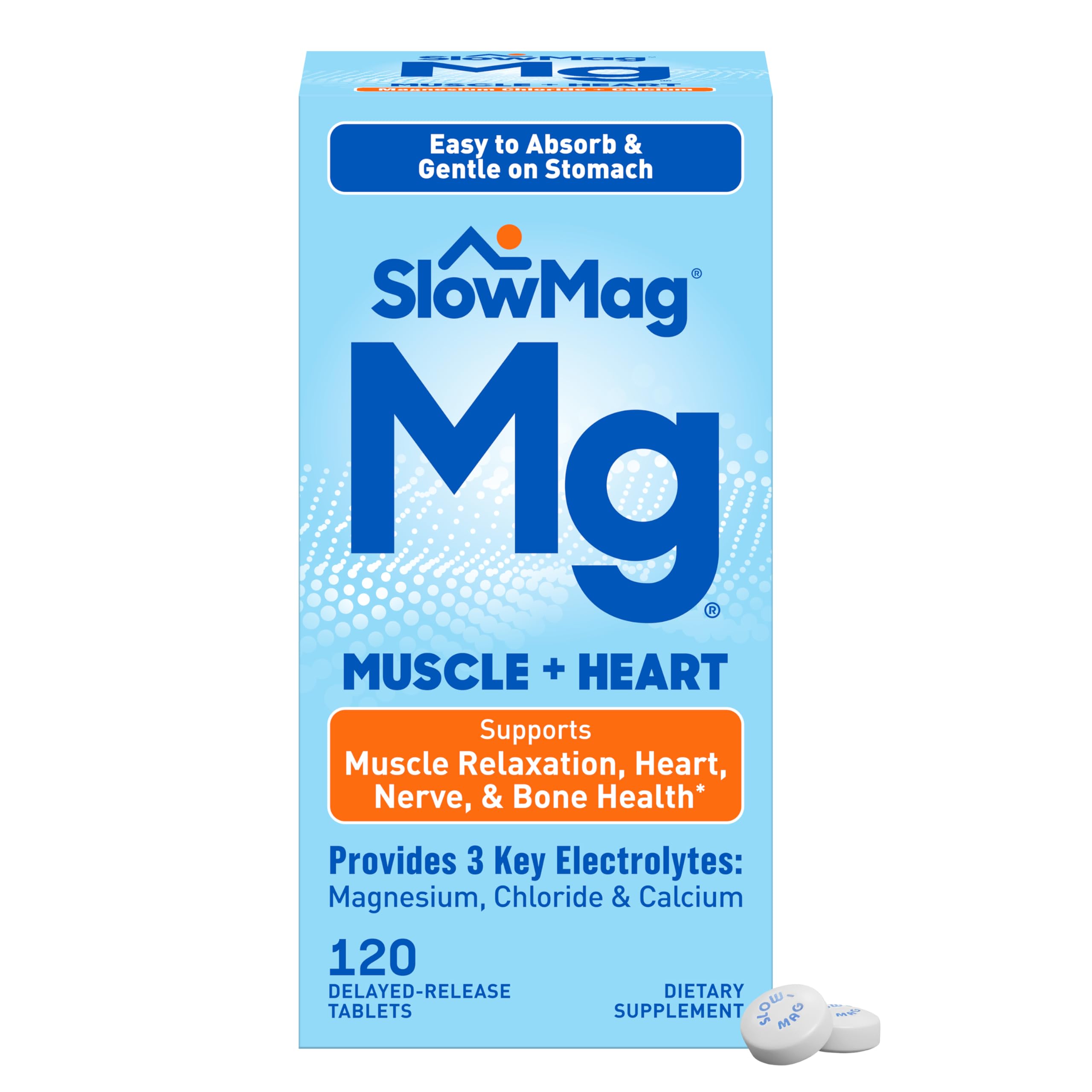 SlowMag Muscle & Heart Magnesium Chloride Supplement with Calcium, 180 Count, Supports Muscle Relaxation, Heart, Nerve & Bone Health, High Absorption