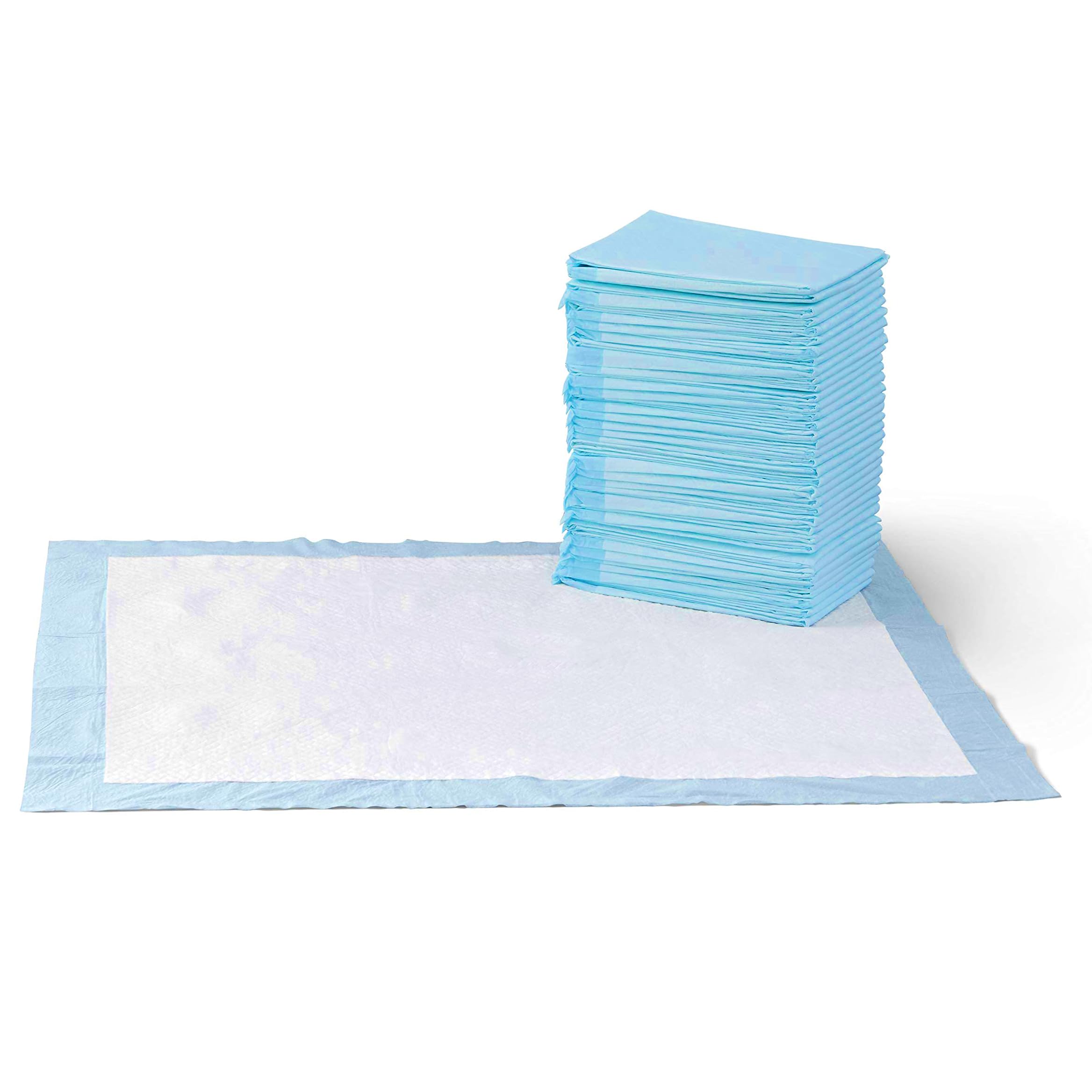 Amazon Basics Dog and Puppy Pee Pads, 5-Layer Leak-Proof Super Absorbent, Quick-Dry Surface, Potty Training, Regular (22x22"), 50 Count, Blue & White