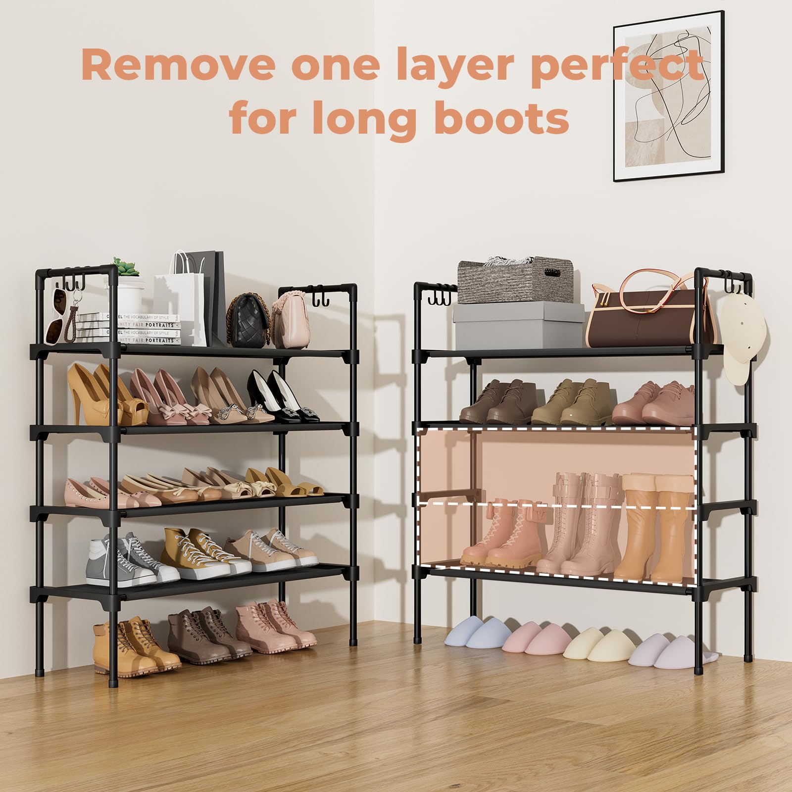 LANTEFUL 3 Tier Shoe Rack for Closet, Shoe Organizer with 5 Hooks, Long Shoe Shelf Storage for Sneaker and Boot Stackable Free Standing Shoe Rack for Entryway, Garage, Small Spaces, Dorm