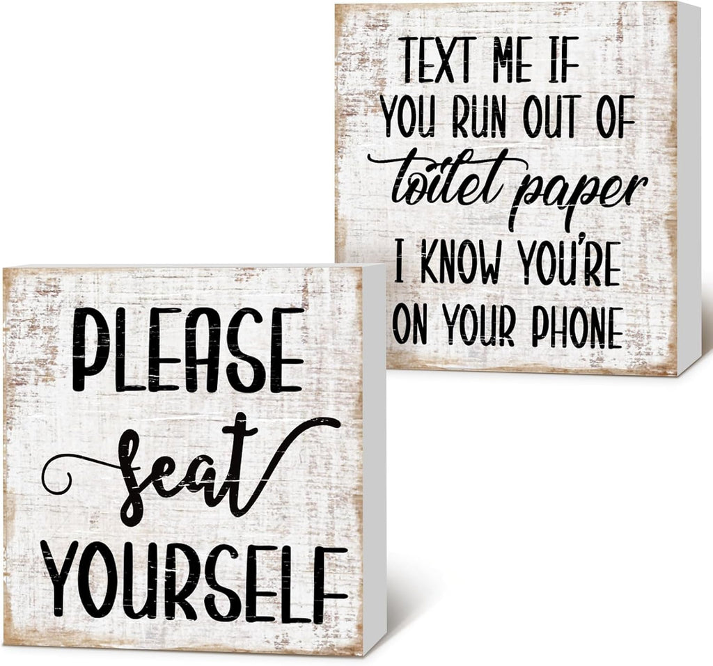 Jetec 2 Pieces Farmhouse Bathroom Signs Decor Wooden Box Sign Funny Bathroom Wall Art Rustic Wood Plaque Please Seat Yourself Decor for Home Restroom(Black)