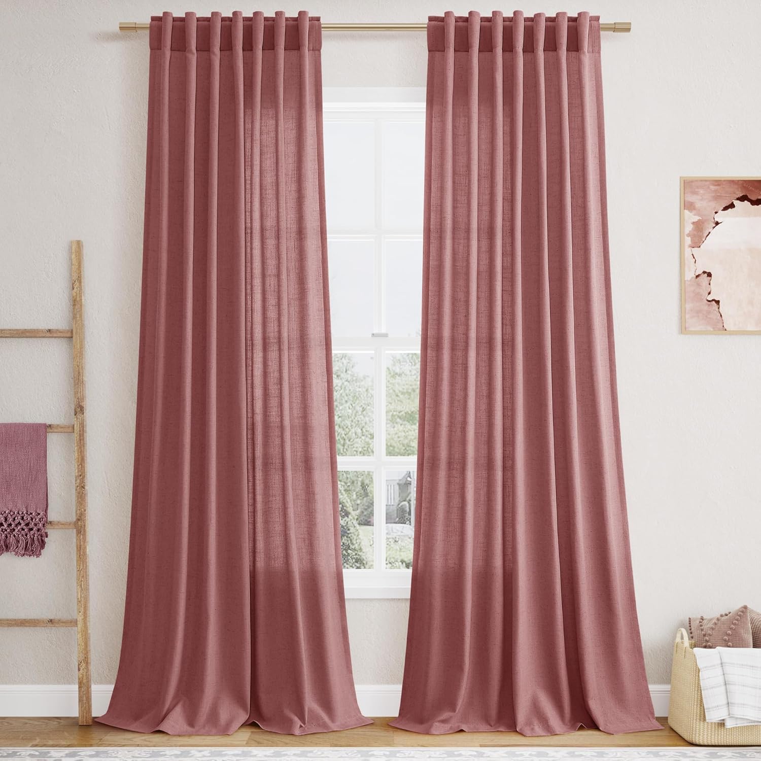 Nanspring Burgundy Linen Curtains 84 Inch Length 2 Panels Set for Living Room Rod Pocket Back Tab Light Filtering Window Drapes for Bedroom Dining Room Protect Privacy Modern Farmhouse Decor 52x84