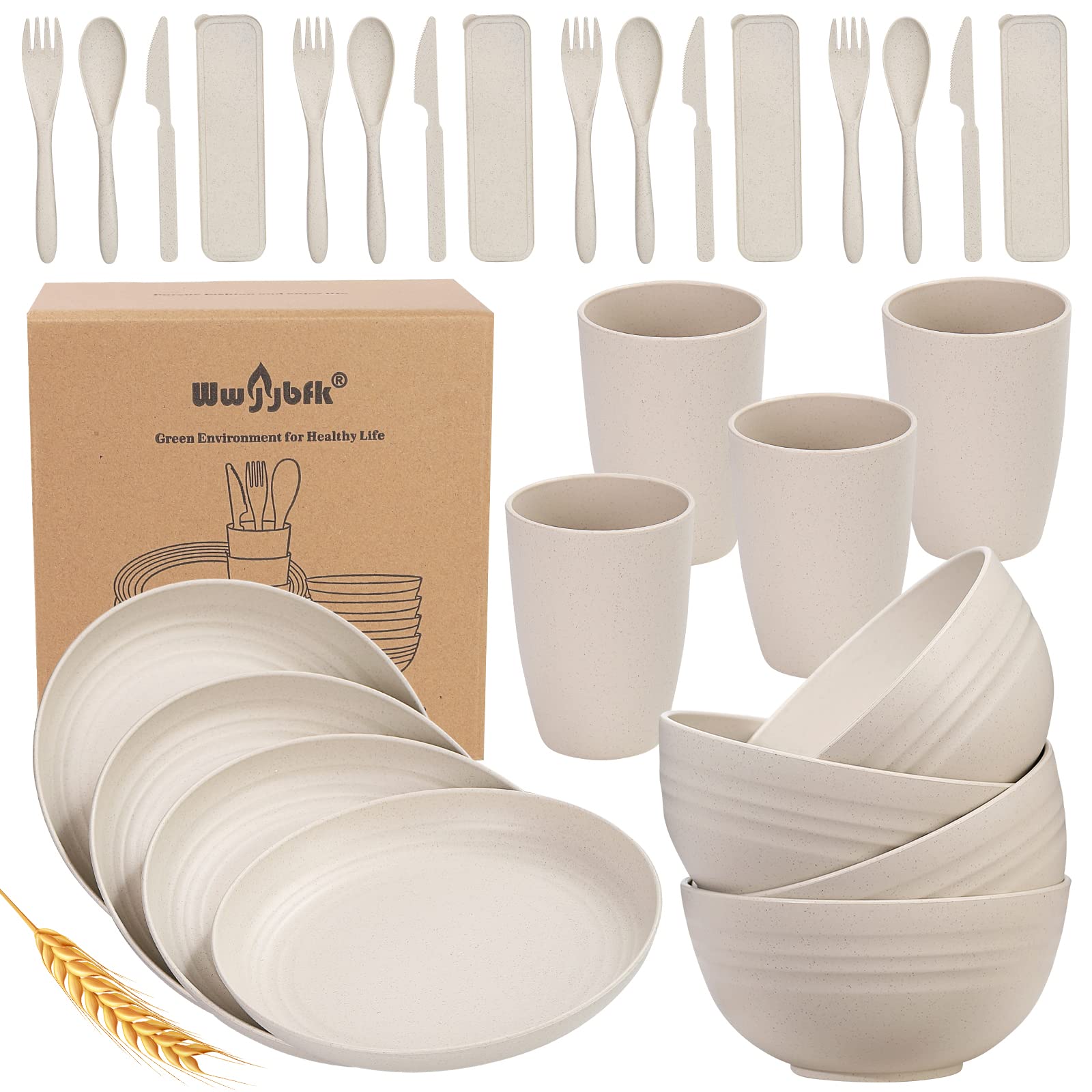 Wheat Straw Dinnerware Sets for 4, Wheat Straw Plates and Bowls Sets Kitchen Dishes 28pcs College Dorm Room Essentials Cutlery Set Microwave Safe (Beige)