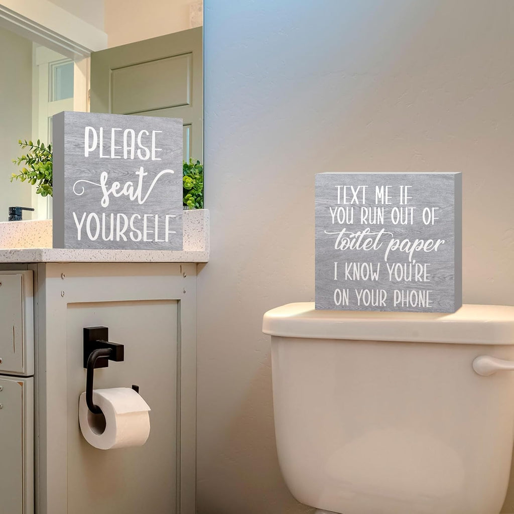 Jetec 2 Pieces Farmhouse Bathroom Signs Decor Wooden Box Sign Funny Bathroom Wall Art Rustic Wood Plaque Please Seat Yourself Decor for Home Restroom(Black)