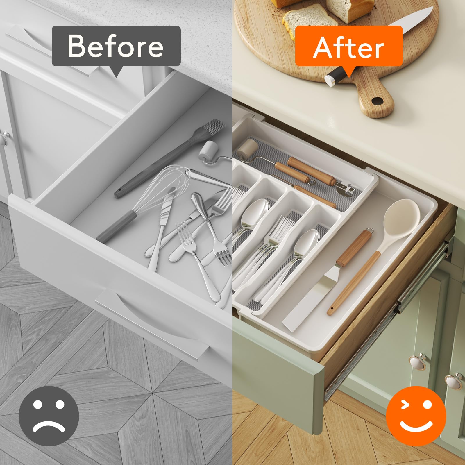 Lifewit Silverware Drawer Organizer, Expandable Utensil Tray for Kitchen, BPA Free Flatware and Cutlery Holder, Adjustable Plastic Storage for Spoons Forks Knives, 8.5"-14.1" x 12.1", Black