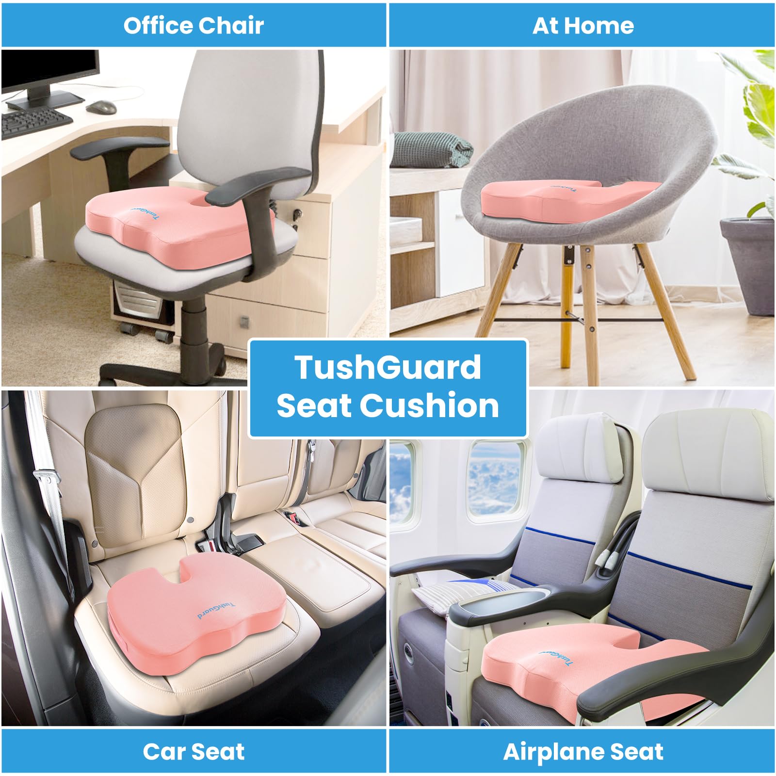 TushGuard Seat Cushion for Office Chair Memory Foam Non-Slip Cushion Back, Relief Chair Pad, Butt Pillow for Office Chair, Car, Computer Desk, Black