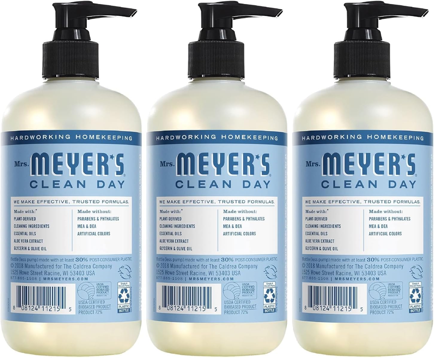 MRS. MEYER'S CLEAN DAY Hand Soap, Made with Essential Oils, Rain Water, 12.5 fl. oz - Pack of 3