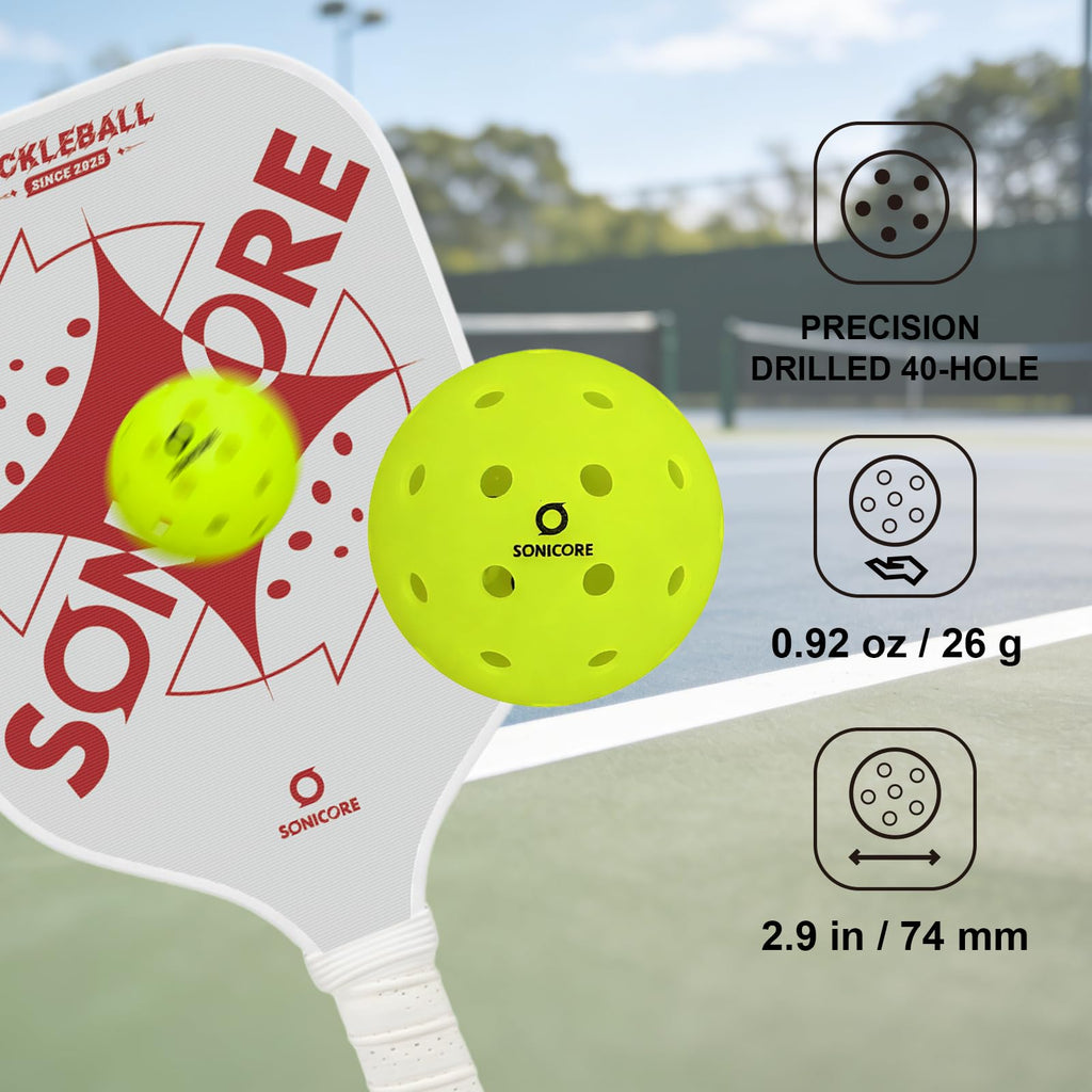 SONICORE Premium Outdoor Pickleball Balls, 4Count/12 Count Pack, Extreme Durability, Tournament-Ready Level, 40-Hole Precision Drilled, Crack-Resistant