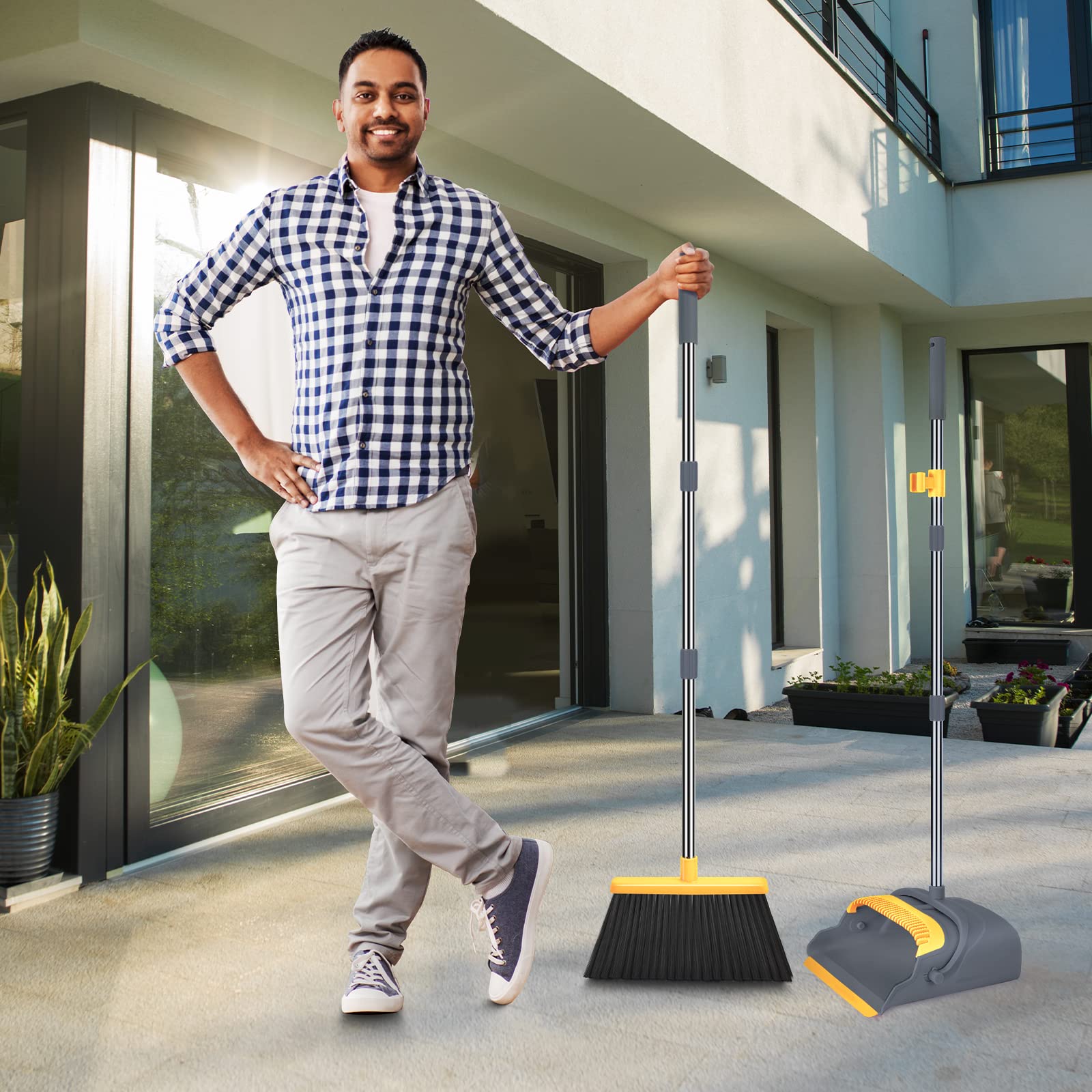 kelamayi Upgrade Broom and Dustpan Set, Large Size and with Long Handle, Upright,Ideal for Indoor Outdoor Garage Kitchen Room Office Lobby Use (Green)
