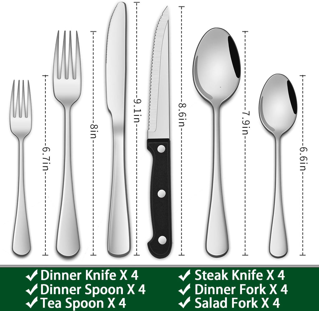 24-Piece Silverware Set with Steak Knives,Flatware Set Service for 4 Person, Food-Grade Stainless Steel Cutlery Set,Includes Knife Spoon And Fork, Mirror Finished Utensil Sets for Home Restaurant