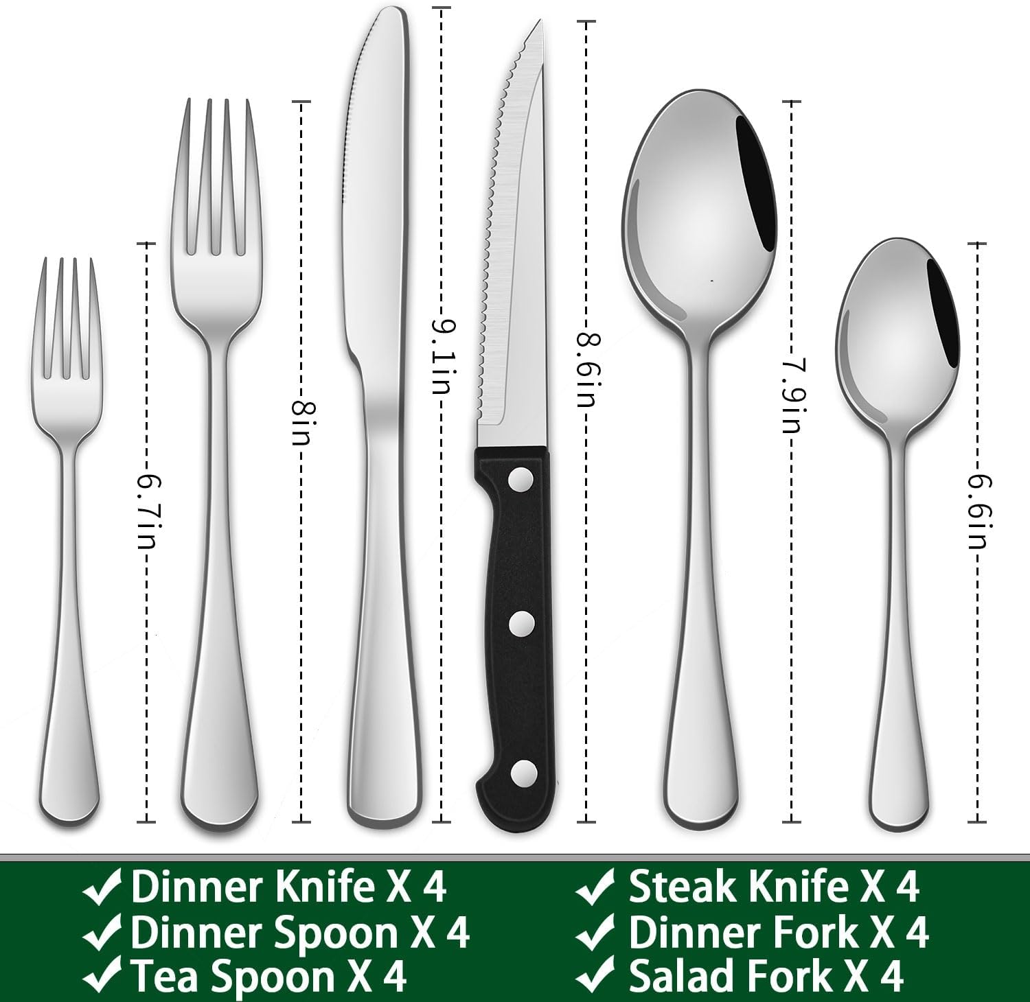 24-Piece Silverware Set with Steak Knives,Flatware Set Service for 4 Person, Food-Grade Stainless Steel Cutlery Set,Includes Knife Spoon And Fork, Mirror Finished Utensil Sets for Home Restaurant