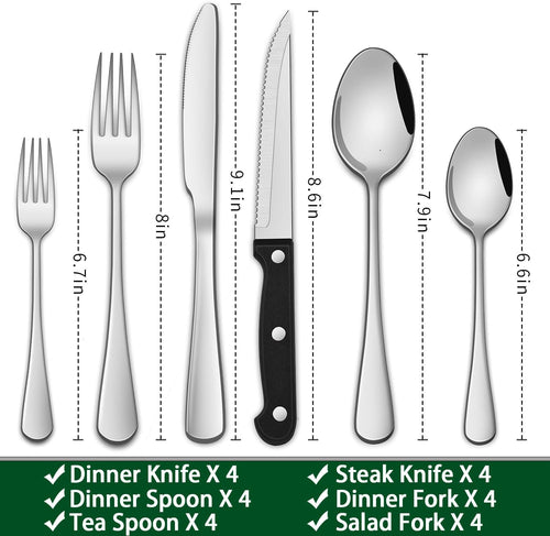 24-Piece Silverware Set with Steak Knives,Flatware Set Service for 4 Person, Food-Grade Stainless Steel Cutlery Set,Includes Knife Spoon And Fork, Mirror Finished Utensil Sets for Home Restaurant