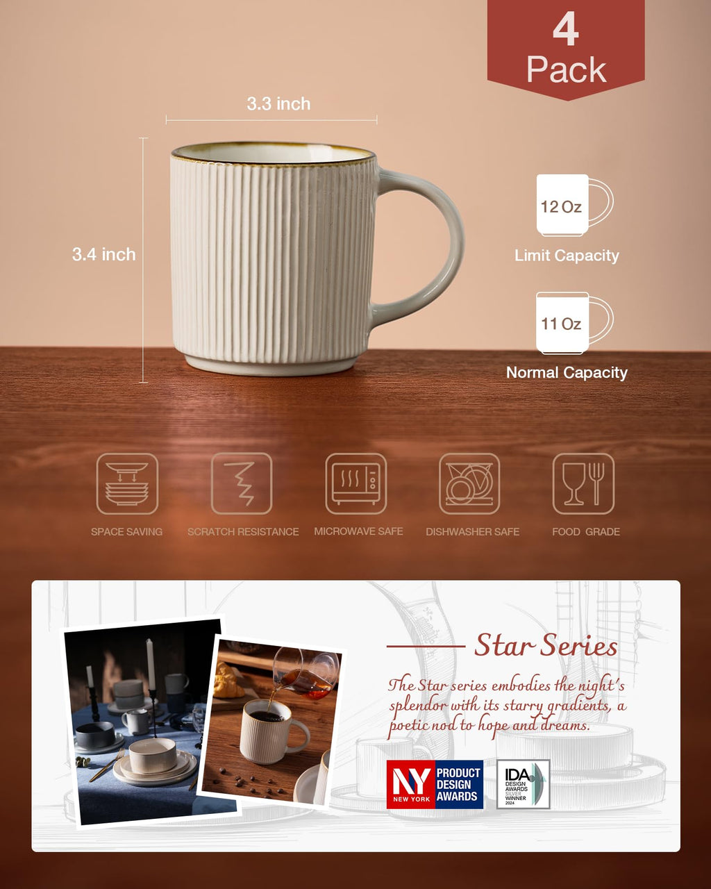famiware Coffee Mugs Set of 6, Starlight 11 oz Mug Cup Set with Handle for Coffee, Tea, Cocoa, Milk - Ceramic Stoneware Mug Set, Matte Black Grey